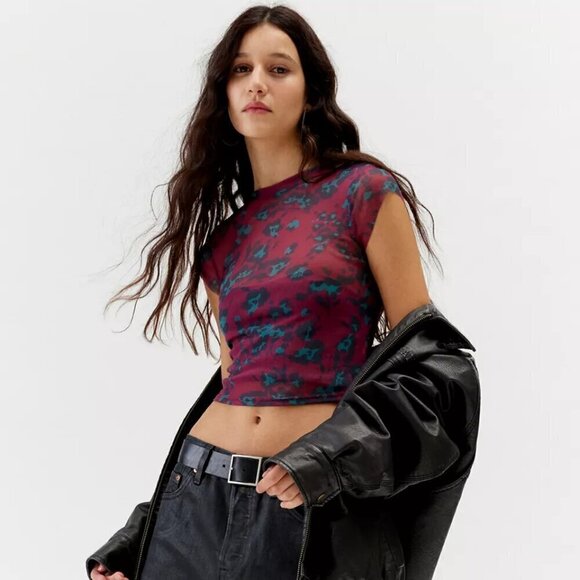 NWT UO Urban Renewal Remnants Mesh Red Animal Print Baby Tee - Picture 4 of 11